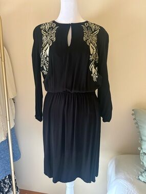 Cost Plus World Market Black Long Sleeve Dress with Gold Embroidery